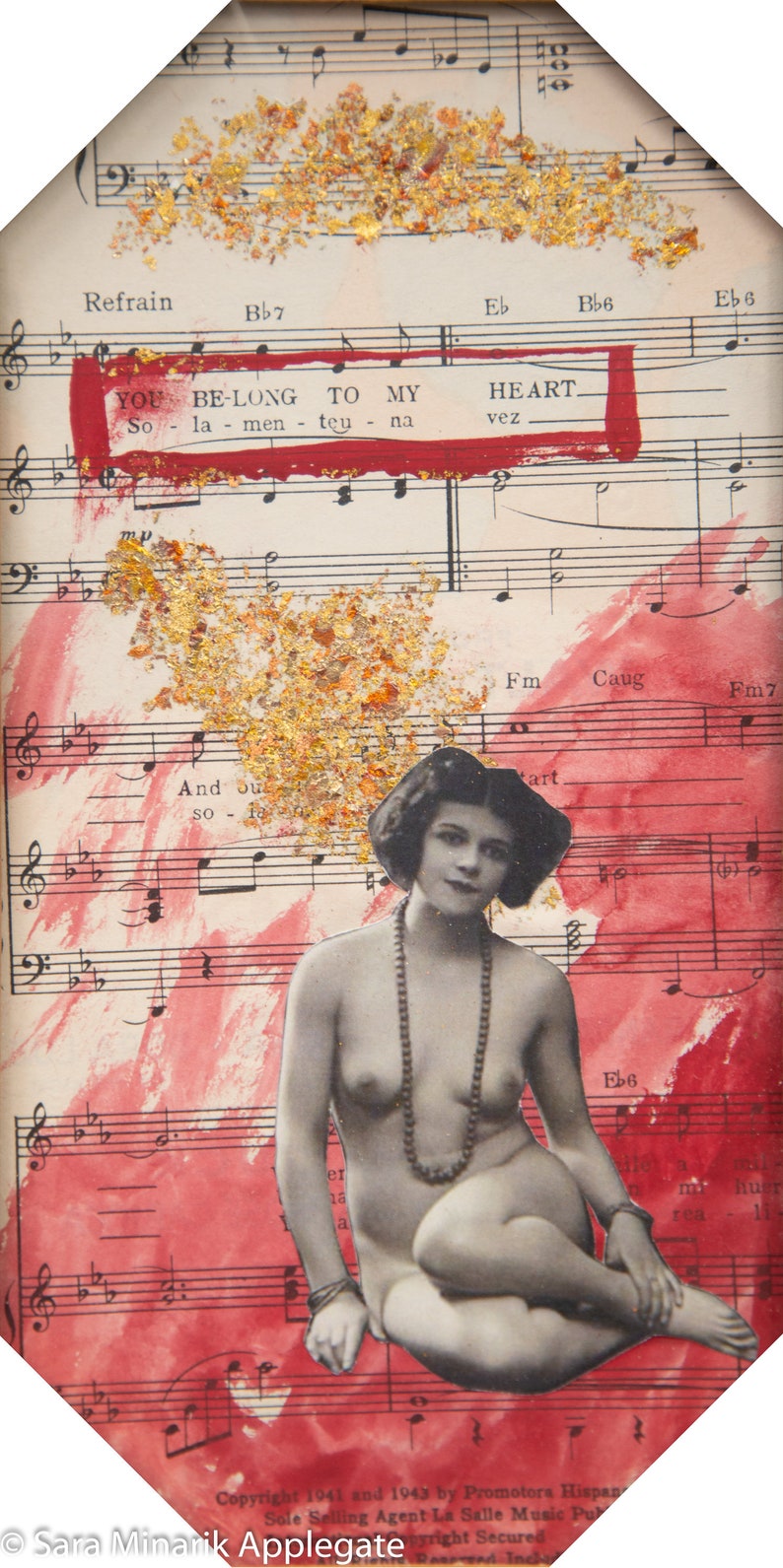 Original Framed Nude Collage You Belong to my Heart Mixed Media Vintage Octagon frame found words Vintage Sheet Music image 2