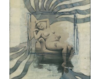 Original Nude Encaustic Collage "Blue Wave" - Mixed Media - handmade paper, photo, oil stick paint