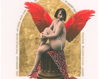 Vintage Nude Angel Collage "Scarlet Mysterious Maid" - Download digitale istantaneo - Mixed Media - poesia con parole trovate, foto alterata, foglia d'oro