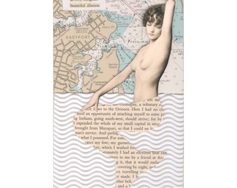 Collage di sirene nude "Of All Wild Creatures" - Download digitale istantaneo - Supporti misti - pagine di libri vintage, foto vintage, carta, mappa