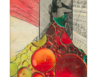 Original Woman in Dress Encaustic Collage "Oil on Water" - Mixed Media - photo, oil stick