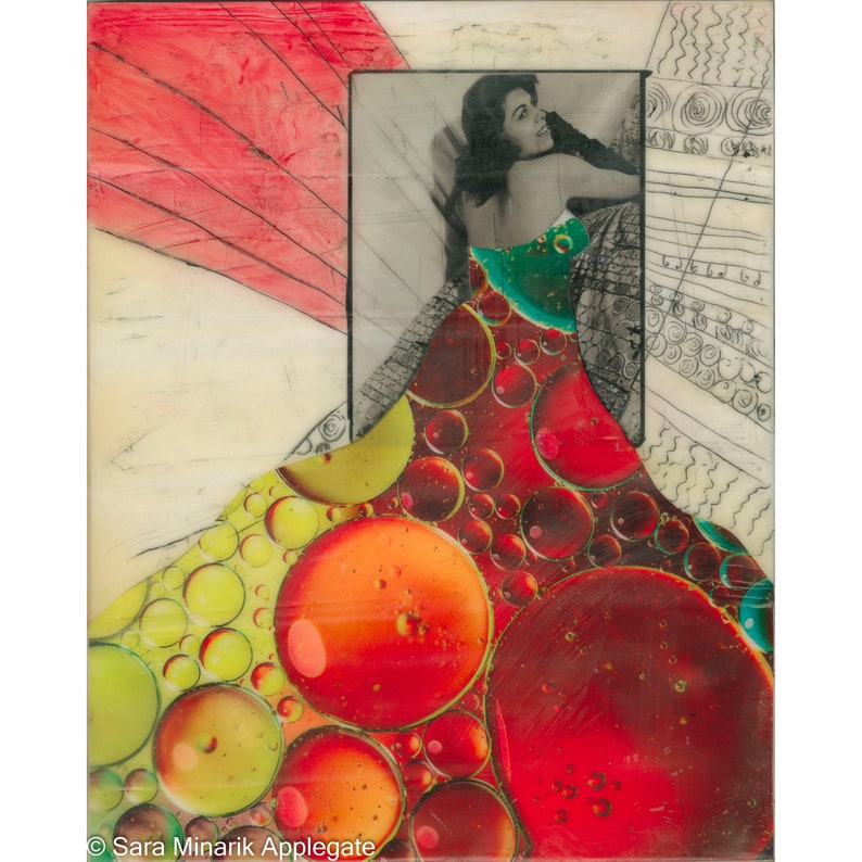 Original Woman in Dress Encaustic Collage Oil on Water Mixed Media photo, oil stick image 1