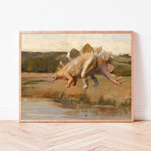 Country Western Landscape Stegosaurus Vintage Painting Dinosaur Decor Rustic Oil Art Print Antique Plein Air Traditional Warm Gallery Wall