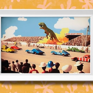 Dinosaur Race Car Wall Decor, Retro Kids Art, Hot Wheels Race Cars, Boys Dinosaur Art Print, Stunt Cars, Automobile Sports Cars, Funny Art
