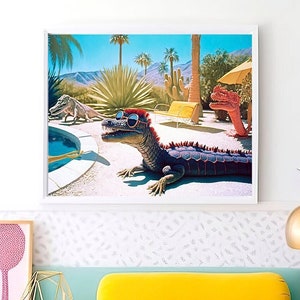 California Gator, Summer Art Printable, Alligator Art, Mid Century Modern Palm Springs, Funny Gifts, Reptile Art, Pool Patio Decor, DOWNLOAD