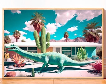 Impressão de arte moderna de Palm Springs para sala de estar e quarto, dinossauro gigante retrô, Alexander Home, arquitetura modernista do deserto com dinossauro gigante