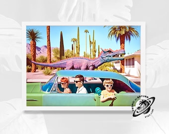 Retro Art photography Palm Springs Dinosaur Desert Modernism 90's home Decor Mid Century California Art Print, Southwest Palm Trees