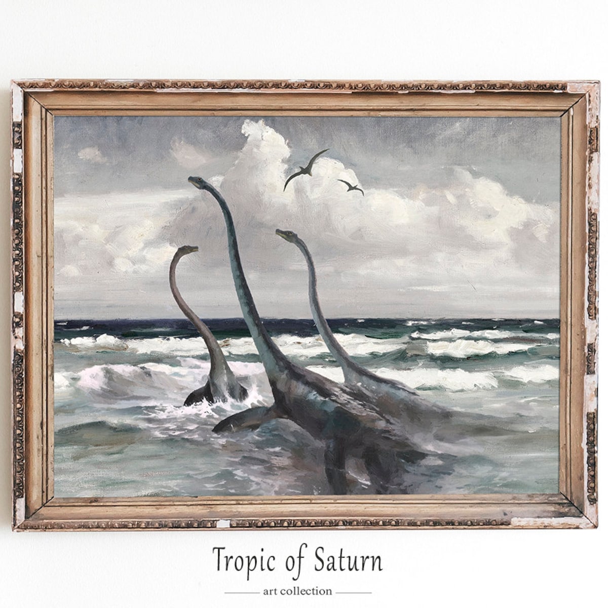 Thrifted Seascape Dinosaur Antique Nautical Sea Art Print Blue Landscape Vintage Mythical Plesiosaur Loch Ness - Etsy