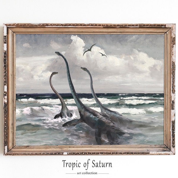 Thrifted Seascape Dinosaur Antique Nautical Sea Art Print Blue Landscape Vintage Mythical Plesiosaur Loch Ness