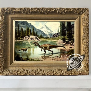 Impression d'art de rapaces en forêt sauvage, paysage forestier vintage, milieu du siècle, dinosaures vélociraptors, montagne Toblerone