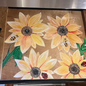 Ladybugs, Bees and Sunflowers Custom Painted Noodle Boards,Stove Cover - one of a kind