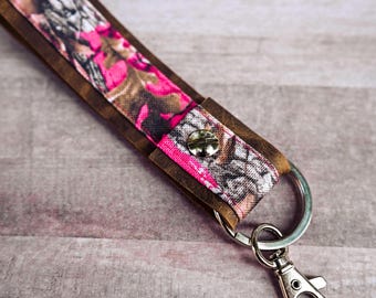 Pink and Woodland Camo Real Leather Keychain