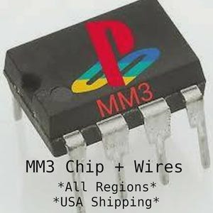 May include: A black MM3 chip with silver wires, featuring the PlayStation logo in red, blue, and yellow. The text "MM3" is visible in red. This electronic component is designed for various applications.