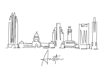 Peut inclure: Un dessin au trait noir et blanc de l'horizon d'Austin, au Texas. Le dessin comprend le Capitole de l'État du Texas et plusieurs gratte-ciel. Le texte "Austin" est écrit sous l'horizon.