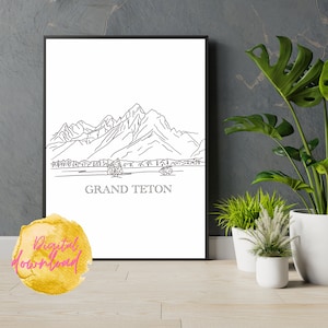 Grand Teton National Park Line Art Print, minimalistische Schwarz-Weiß Zeichnung, Sofortiger Download