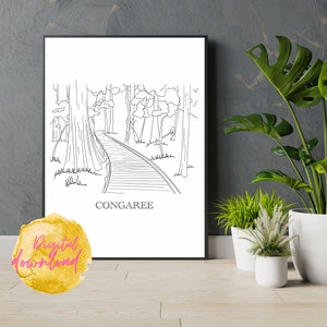 Congaree National Park Line Art Print, Minimalist Black & White Drawing, Instant Download