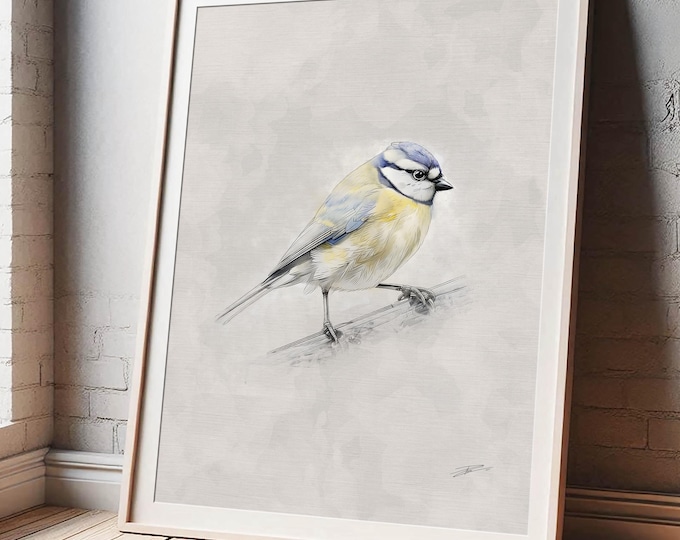 Blue-Tit Fine Art Print  |  Bird Watercolour Sketch Wildlife Nature Poster  |  Wall Decor Home Gift