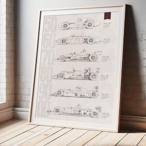May include: Framed print featuring detailed line drawings of Formula 1 race cars from the 1950s to the 2000s. The print includes the years each car was raced, with a neutral color palette and a vintage aesthetic. The print is in a light-colored wooden frame.