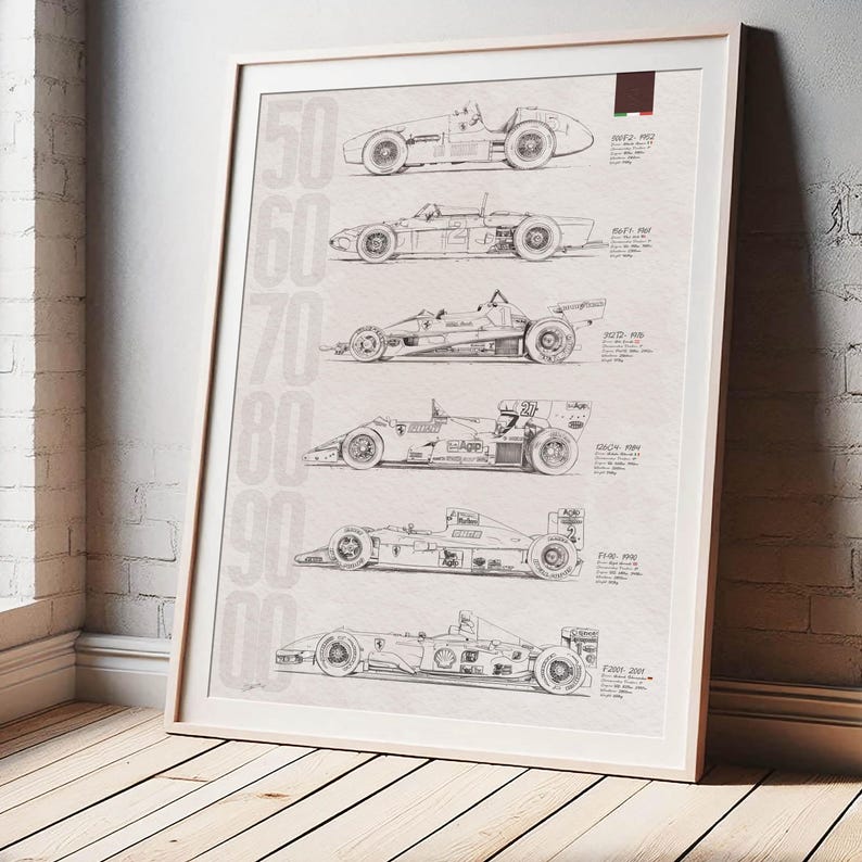 May include: Framed print featuring detailed line drawings of Formula 1 race cars from the 1950s to the 2000s. The print includes the years each car was raced, with a neutral color palette and a vintage aesthetic. The print is in a light-colored wooden frame.