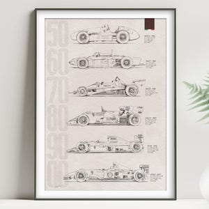 May include: Framed print featuring detailed line drawings of vintage race cars from the 1950s to the 2000s. The artwork includes the years, car models, and a small Italian flag. The print is displayed on a white surface.