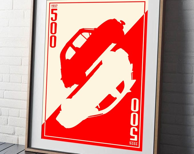 FIAT 500 Evolution  |  Fine Art Print  |  1957-2026 Classic Car Silhouette Retro Flip Poster