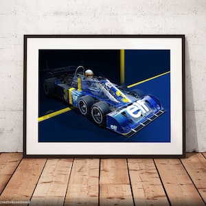 Puede incluir: Un coche de carreras azul y amarillo con la palabra "Elf" en el lateral. El coche está en una pista azul con una línea amarilla.