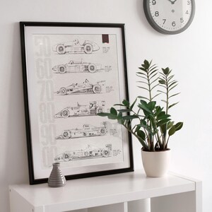 May include: Black framed print featuring detailed line drawings of vintage race cars from the 1950s to the 1990s. The print is displayed on a white shelf, next to a small gray vase and a potted plant. A clock hangs on the white wall.