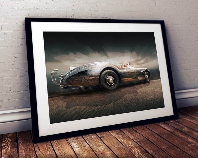 Jaguar XK120 1954  - Limited Edition Print 25pcs - Car Art Illustration, Framed Poster Canvas