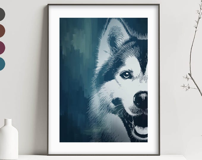 HUSKY Poster Print Art, Pet Portrait, Siberian Sled Dog Owner Gift Idea, Custom Wall Artwork -V01
