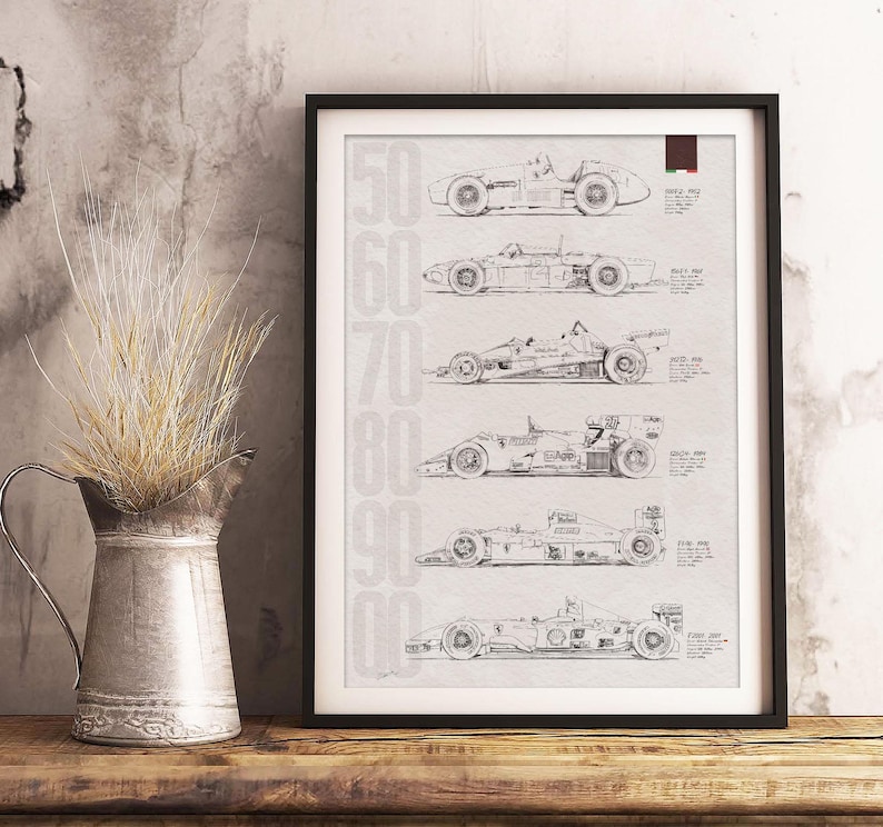 May include: Framed black and white print featuring detailed line drawings of Formula 1 race cars from the 1950s to the 1990s. The print includes the years 50, 60, 70, 80, and 90 in a vertical column on the left side. The print is displayed on a wooden surface.