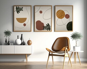 SET von 3 druckbare Wandkunst Interior Design Boho Pflanzengalerie warme Ästhetik Sofortiger Download minimalistisches abstraktes Terrakotta-Gelb
