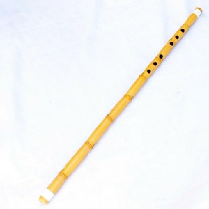 May include: A traditional bamboo flute with a natural wood finish and six finger holes. The flute has a white tip on each end.