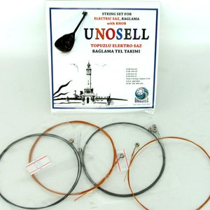 May include: A set of six strings for an electric saz or baglama, packaged in a clear plastic bag. The strings are wound with copper and silver, and are labeled with the brand name "UNOSELL".