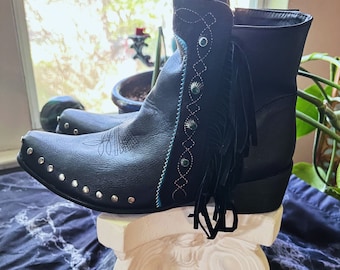 Black Fringe Vegan Leather Cowboy Boots with Turquoise Jewels and Studs men’s size European 43 / US 10