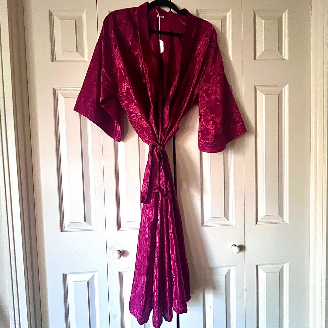 Vintage Thai Silk Burgundy Robe With Shiny Jacquard Rose Print. One ...