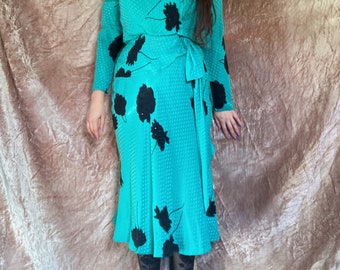 Vintage 1980s Lillie Rubin turquoise and black floral dress size medium