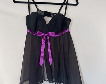 Vintage Y2K Frederick’s of Hollywood sheer black babydoll with violet bow size large