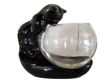 Vintage Black Cat Ceramic Fish Bowl Vase Made by Vandor