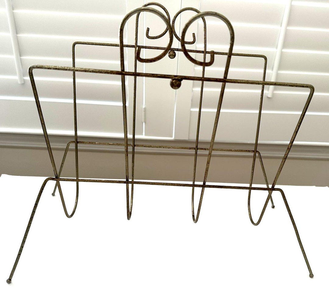 Vintage MCM Wire Magazine Rack Retro 1950s/60s Brass Decor Mid Century ...