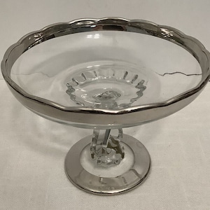 Viking Glass Princess Pattern Clear Harp Stem Pedestal Compote W/ Silver Overlay