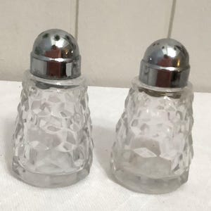 Vintage Thick Clear Glass Salt And Pepper Shakers Stainless Steel Tops 3.5