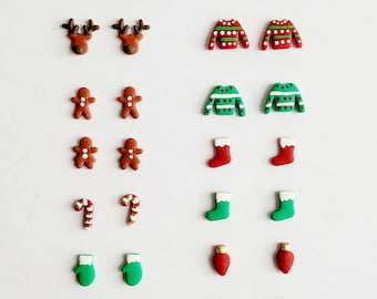 Christmas Stud Earrings l Polymer Clay Earrings l Stocking Stuffer l Reindeer Candy Cane Gingerbread Ugly Sweater Snowflake l Gifts for Her