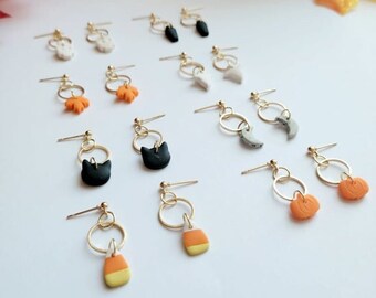 Halloween Dangle Earrings l Autumn Earrings l Fall Fashion Earrings l Ghost Moon Skull Cat Coffin Pumpkin Leaves Candy Corn l Polymer Clay