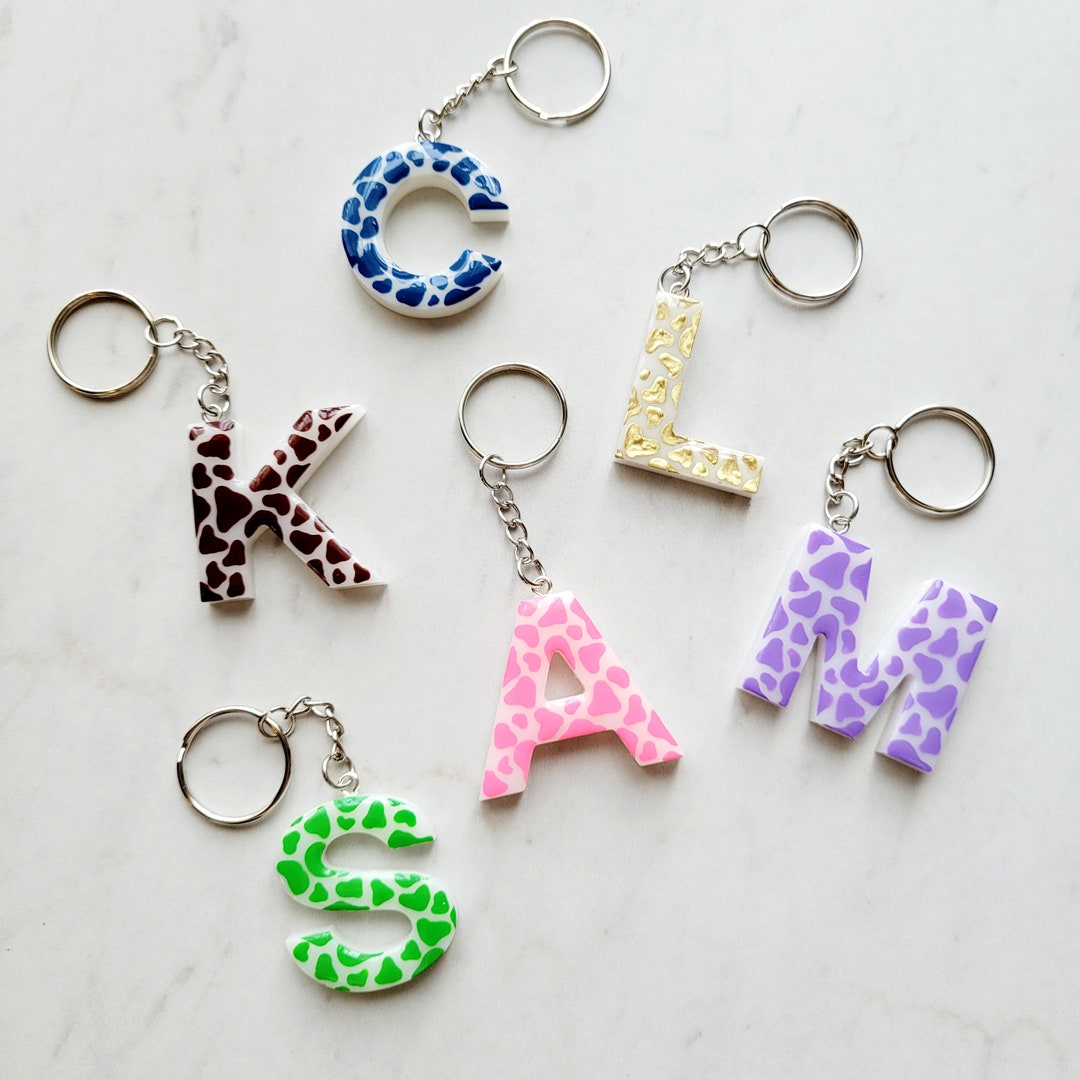 Colorful Cow Print Letter Keychain L Resin Keychain L Animal Print L Personalized Alphabet ...