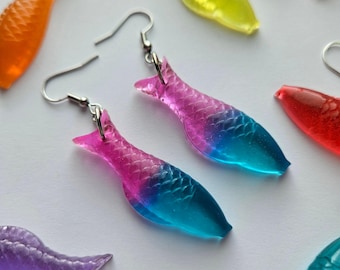 Resin Gummy Fish Dangle Earrings: Colorful Candy Jewelry