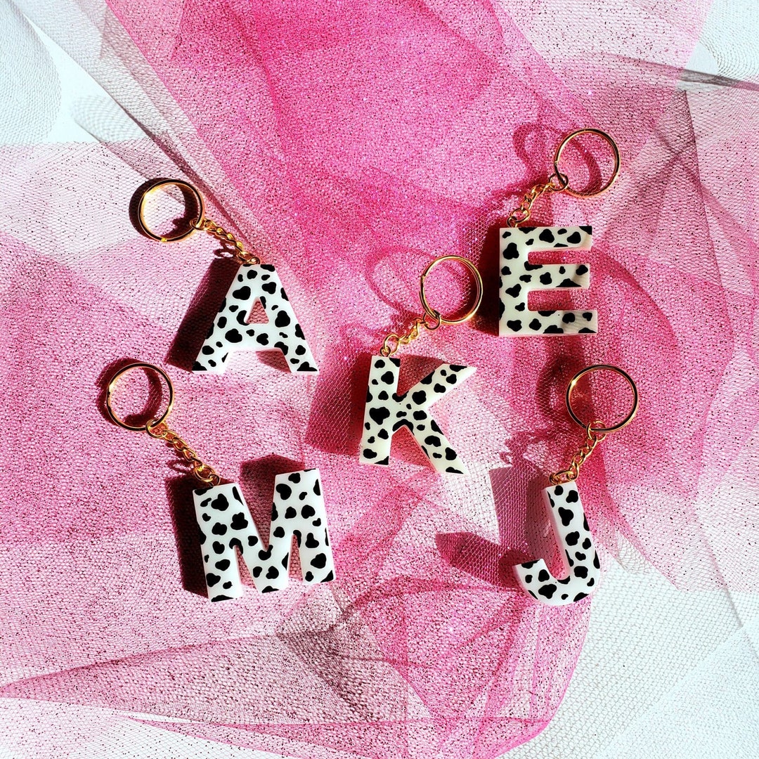 Cow Print Letter Keychain L Resin Keychain L Animal Print L Personalized Alphabet Keychain L ...