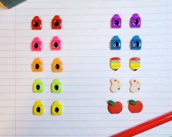 Back to School Stud Earrings l Crayons l Pencils l Paint l Apple l School Supplies l Stationary l Gifts for Teacher l Polymer Clay Jewelry