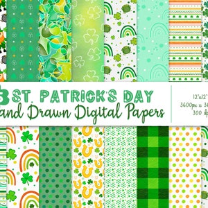 St. Patrick's Day Hand Drawn Digital Paper, Saint Patrick's Day Digital Paper, Shamrock Digital Paper, Rainbow Digital Paper, Green Paper