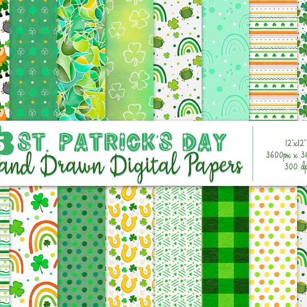 St. Patrick's Day Hand Drawn Digital Paper, Saint Patrick's Day Digital Paper, Shamrock Digital Paper, Rainbow Digital Paper, Green Paper