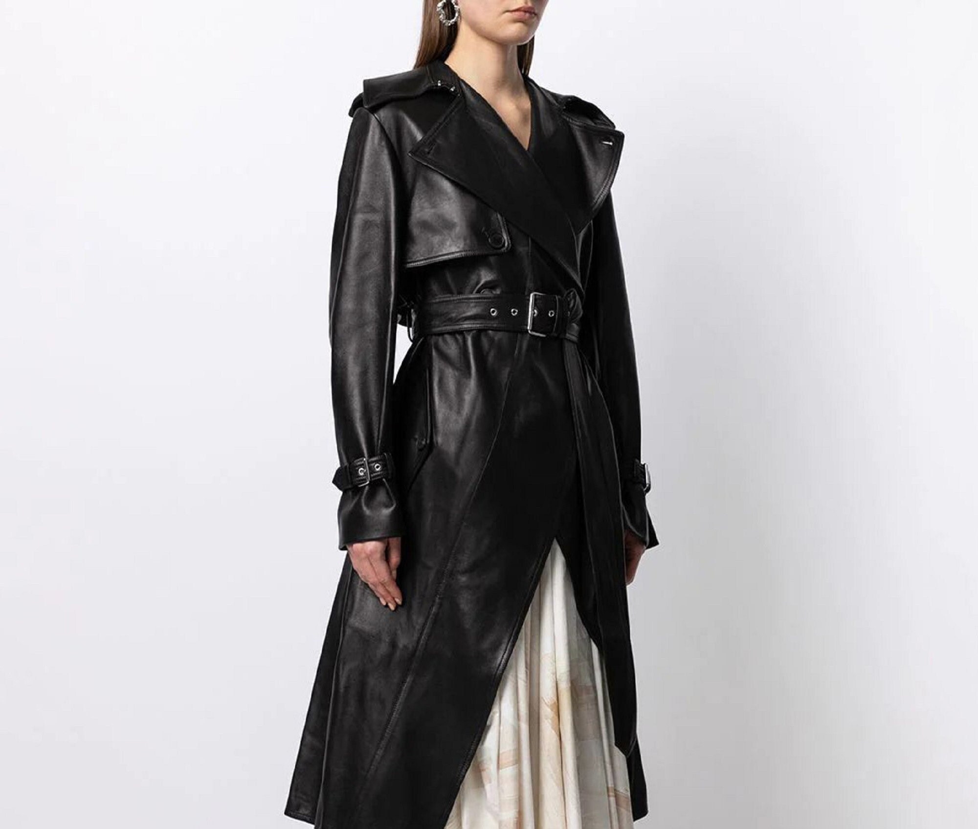 Black genuine leather trench coat Clearance